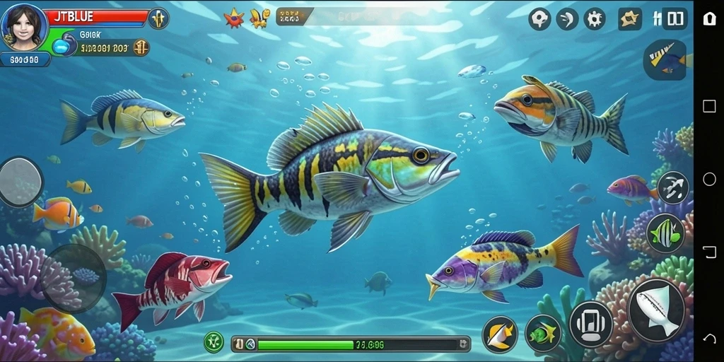 Screenshot JTBLUE menampilkan aksi seru memburu ikan di lautan.