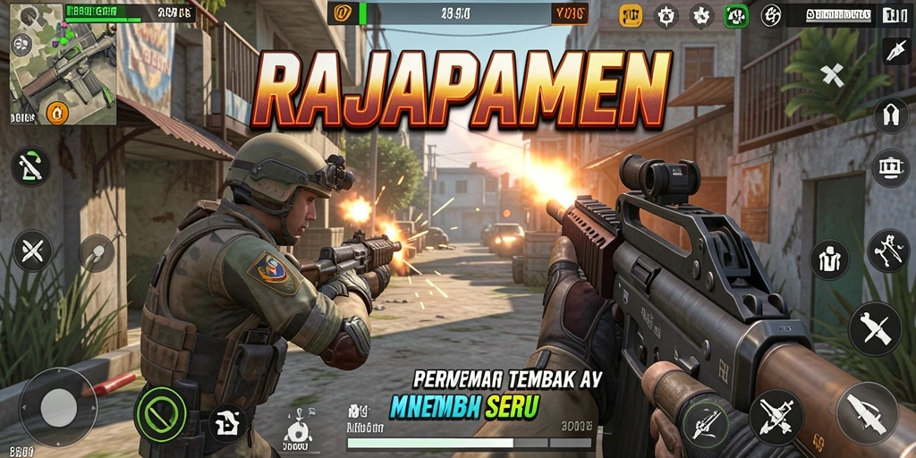 Tampilan gameplay RAJAPAMEN yang mendebarkan dalam aksi tembak menembak.