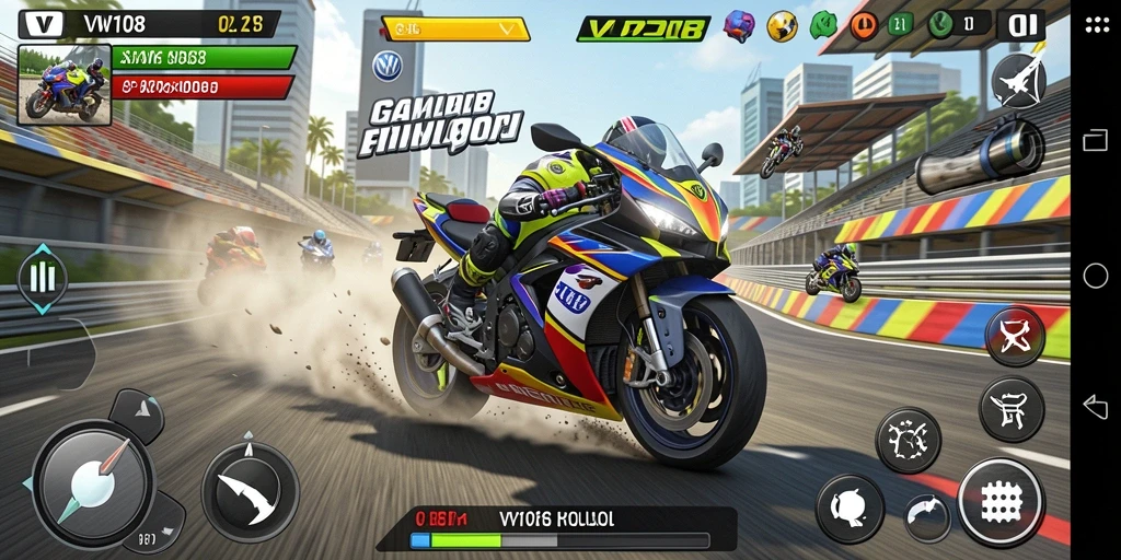 Screenshot VW108 menunjukkan aksi balap motor yang cepat dan mendebarkan.